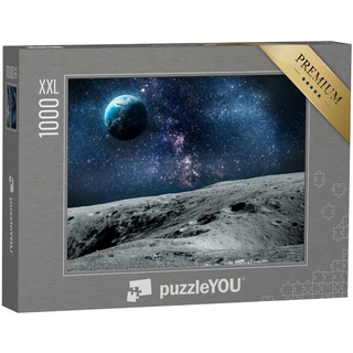 puzzleYOU Puzzle Oberfläche des Mondes, Planet Erde im Hintergrund, 1000 Puzzleteile, puzzleYOU-Kollektionen Mond, Astronomie