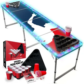 Beer Pong Offizieller Player Flash Tisch Set | LED-Beleuchtung | Inkl. 1 Tisch + 2 Rack + 22 Rot Becher 53cl + 4 Ping-Pong-Bälle | Partyspiele | Trinkspiele | OriginalCup®