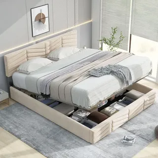 MODFU Boxspringbett Hydraulisches 140 x 190 cm mit höhenverstellbares Kopfteil, Polsterbett Doppelbett Stauraumbett mit Bettkasten Stauraum, Strei... - Beige