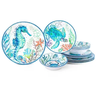 LEHAHA 12-teiliges Melamin-Strandgeschirr-Set, Küstenteller und Schalen-Sets, Ozeanisches Meeresleben, Geschirr-Sets für 4, ideal für drinnen und draußen, Wohnmobil, Camping oder in der Kabine