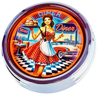 US-Way.de American Diner Nr. 12 WallClock Deko-Clock – 44 cm Durchmesser, Deko-Wanduhr ohne Tickgeräusche und gut lesbares Display, USA 50er-Jahre-Stil Neon-Uhr für Küche, Wohnzimmer, Büro (Orange)