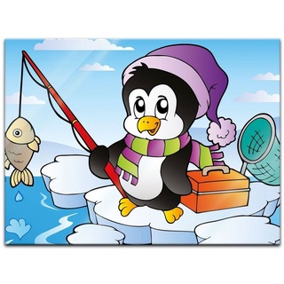 Bilderdepot24 Glasbild, Kinderbild fischender Pinguin bunt 60 cm x 40 cm