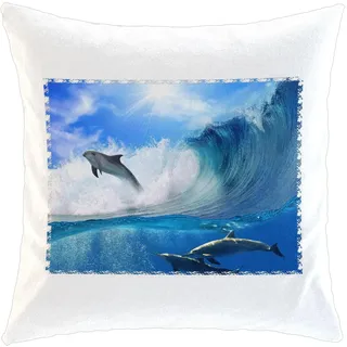 Kissen/weiches Kuschelkissen mit Füllung 40x40cm - Motiv: Delfine im Meer auf einer Welle surfend | 009