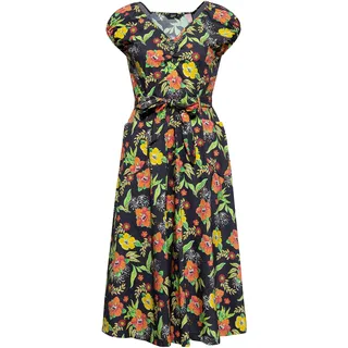 Queen Kerosin Damen Swing Kleid Tropischer All-Over-Print Sommerkleid Hibiskus 50S 40S 60S Tropical Vintage Rockabilly Rockabella Hibiskus Black - M