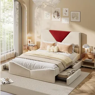 INONEFT Boxspringbett 140x200 cm, Doppelbett Polsterbett mit 4 Schubladen, Schubladenbett Jugendbett,Leinen,Samt, Weiß/Rot - Weiß/Rot