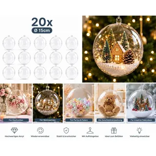 20 Große Acrylkugeln Ø 15 cm Transparent Bastelkugeln Groß Füllbare Kunststoffkugeln Weihnachtskugeln DIY Dekoration zum Befüllen Teilbar