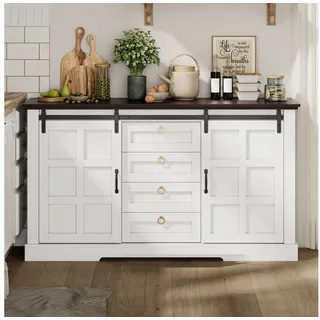 Flieks Kommode Sideboard mit Schubladen, Schiebetür & Walnussholzfarbe Arbeitsplatte (1 St., B150/T40/H85 cm), Mehrzweckschrank mit verstellbaren Einlegeböden Landhausstil, Weiß weiß