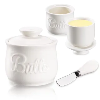 Französische Butterdose, Butterglocke aus Keramik mit Deckel und Buttermesser, Butterbehälter mit Wassergekühlt für Frische Streichzarte Butter, Vintage Design