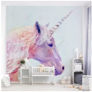Bilderdepot24 Kindertapete Kinderzimmer Einhorn Kinder Wanddeko gemalt Pastel Illustration, Glatt, Matt, (Vliestapete inkl. Kleister oder selbstklebend), Mädchenzimmer Jungenzimmer Babyzimmer Bildtapete Fototapete Wandtapete rosa 0.96 m x 0.96 m