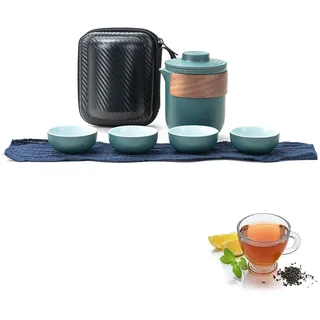 Mini Reise Keramik Teekannen Set, 380ml & 50ml Chinesische Kung-Fu Teekanne Teetassen, Tragbares Anti-Brand Reiseteeset mit Tee-Ei, Reise Teeset mit Tasche für Outdoor Picknick Reisen Geschenk