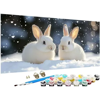 Tier Malen Nach Zahlen Kaninchen Malen Nach Zahlen ab 7 Jahre Mädchen, Bastelset Erwachsene Paint by Numbers Adults DIY Ölgemälde Knitterfreie Leinwand, Deko Wohnzimmer Geschenke 25x50 cm J3-714