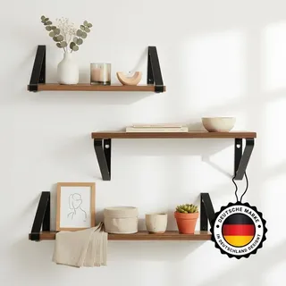 Kyto Wandregal Set – 3er-Set Schweberegale aus Metall mit Holzplatten (30/35/40 cm Breite) Moderne Hängeregale zur Dekoration & Aufbewahrung