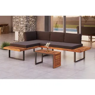 Ambia Garden Loungegarnitur, Grau, Holz, Metall, Akazie, massiv, Füllung: Polyester,Komfortschaum, L-Form, einzeln stellbar, 253x175 cm, UV-beständig, Loungemöbel, Gartenlounge-Sets