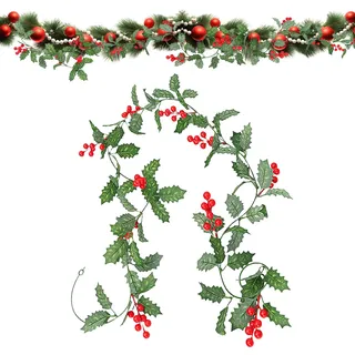 Deko Girlande Weihnachten,Künstliche Weihnachtsgirlande Innen Außen Weihnachtsdeko Tannengirlande Künstlich Artificial Christmas Garland Kiefer Tanne Tischgirlande mit Roten Beeren,für Winter Outdoor