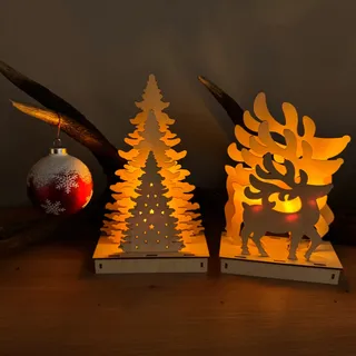 Tannenbaum und Rentier, Hirsch aus Holz in 3D mit LED ́s & Timer - Weihnachtsdeko