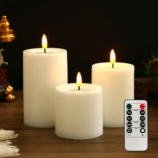 Amxcnoy Outdoor 3er-pack Wasserdichte Flammenlose Led-kerzen Mit Fernbedienung, Zyklus-timer-funktion, Batteriebetrieben, Flackerndes Wachsöl In Kunststoff (elfenbein, 7,5 Cm X 10, 12,5, 15, 17,5)