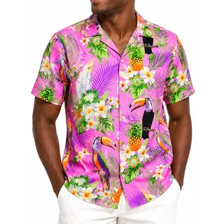 King Kameha Funky Hawaii Hemd Männer - Tropisches Hawaiihemd Herren Kurzarm mit Papageien & Blumen Motiv - XS