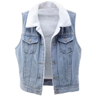 LAPOOH Damen Jeansweste Für Den Winter, Fell Revers, Fleece Gefüttert, Flauschige Ärmellose Jean Gilet Weste, Ärmellose Weste Mit Revers Und Knopfleiste Für Damen