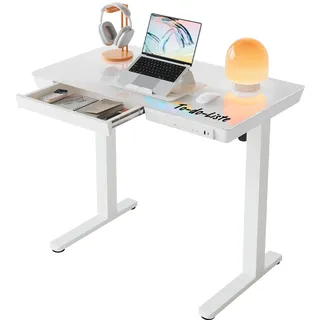 HUANUO 88 x 50 cm Glas Höhenverstellbarer Schreibtisch mit Schublade, Höhenverstellbarer Schreibtisch Ganze Tischplatte, USB-Aufladeanschluss und 3 Memory-Funktion, Weiß