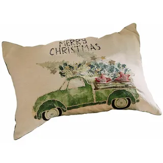 Loberon Kissenhülle Malivor, Creme/grün | Weihnachten, Winter, Festtage, Auto, Baum, Mit Stickerei & Pailletten, Samtige Rückseite, Knopfverschluss
