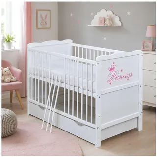 Baby Delux Babybett 60x120 Kinderbett umbaubar zum Juniorbett weiß Princess mit Schublade und Matratze inkl. Beißschienen