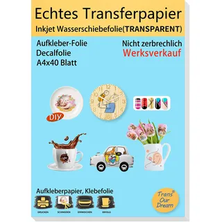 TransOurDream ECHTE Inkjet Wasserschiebefolie(TRANSPARENT) für Tintenstrahldrucker,A4X40 Blatt, Transferfolie,Bedruckbares Aufklebepapier für Spielzeugmodelle,Tassen,Keramik, Glas,Kerze (6-40)