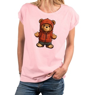 MAKAYA Print-Shirt Damen Kurzarm Teddybär coole lustige freche sexy Sommer Tops Teddy, Motiv rosa