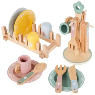 Jokapy Kinder-Geschirrspielzeug aus Holz, Geschirr-Set aus Holz für Kinder, Spielset, lustige Spielzeugküchen, Kinderküche, Koch- und Tellerspielzeug-Set, Holzgeschirr (Gelb)
