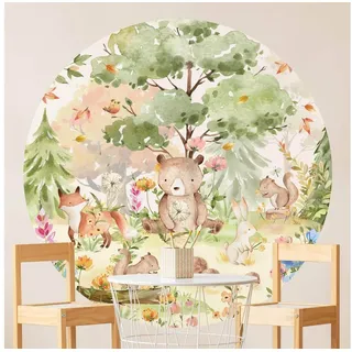 Bilderdepot24 Kindertapete rund Aquarell Waldtiere Bär Fuchs Baum Kinder, Glatt, Matt, (Vliestapete selbstklebend), Kinderzimmer Babyzimmer Wandtattoo Fototapete Klebe Wandtapete bunt 75 m x 75 m