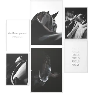 Papierschmiede® Mood Poster Set Reitsport, Fertiges Bilder Set mit Rahmen (Holz, weiß), Wohnzimmer Deko Schlafzimmer, 2x DIN A4 und 4x DIN A5, Pferd Reiten Jockey schwarz-weiß