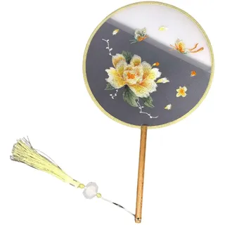 fxwtich Palastfächer mit Quaste, runder Bambusfächer, chinesischer bestickter runder Fächer, Pfauen, Blumen, Panda, Bambus, Vintage-Handfächer H