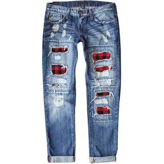 CHAOEN Damen Hüftjeans Löcher Jeans Hose Karierte Patchwork Freizeithose Jeanshosen Dicke Naht Sommerhose Damenjeans - XL