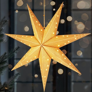 BRUBAKER LED Stern Weihnachtsstern zum Aufhängen - 60 cm Papierstern mit 7 Spitzen, Batteriebetrieben, Hängend und Beleuchtet, LED fest integriert, Warmweiß, 3D Adventsstern - Fenster Deko Leuchtstern goldfarben