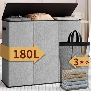 gyfimoie Relefree Wäschekorb mit 3 Fächern, 180 l, großer Wäschekorb zum Sortieren von Wäsche, mit Deckel, ideal für Schlafzimmer, Badezimmer, Grau