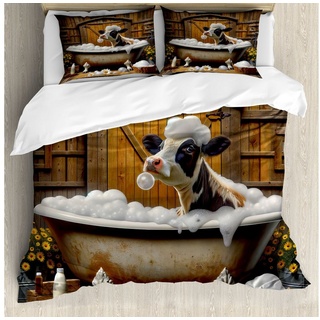 Bettwäsche Top Qualität Weich und Warm 3 Teiligen Bettbezug mit 2 Kissenbezüge, Abakuhaus, Microfaser, Rustikal Lustige Kuh in Badewanne braun|gelb