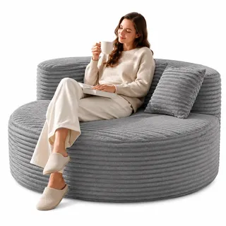 LZLUCKCOME Runder Einzelsessel 110 cm, Cord-Loungesessel mit 2 Kissen(Grau)