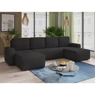 Wohnlandschaft mit Schlaffunktion Roma - U-Form Couch, Schlafsofa mit Bettkasten, Couchgranitur mit Bettfunktion, Big Sofa, Cord Stoff (Schwarz (Po... - Schwarz