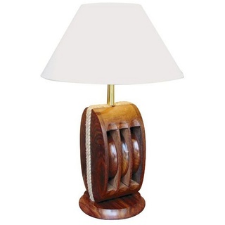 Linoows Tischleuchte Tischlampe mit Großer Blockrolle, Maritime Lampe, ohne Leuchtmittel, Leuchtmittel abhängig, Schirm Lampe aus Holz braun