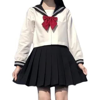 CICCB-DAMOY Brandneu japanische dchen Sailor Uniform Shirts JK Uniform Kostüme Set Hemd + Faltenrock + rote Fliege (Weiß, L / 160-165cm)