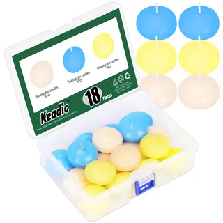 Keadic 18Pcs 1.5" Unscented Schwimmende Kerzen Bulk Set, 2 Stunden Brennen Dripless Rauchlos Teelicht Kerzen für Hochzeit Valentinstag Geburtstag Dinners Dekorationen (Weiß & Gelb & Blau)