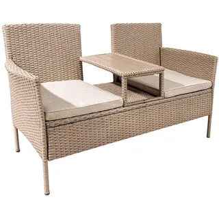 Riess Ambiente Moderne Gartenbank Portofino 140cm Natur beige Polyrattan Sitzbank mit Tisch wetterfest Terrassenbank Balkonbank Polsterbank inkl. Tisch