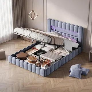INONEFT Polsterbett 180x200, Doppelbett Bubble Bett mit LED und USB Ladefunktion Kopfteil, Boxspringbett mit hydraulisches Bettkasten, Samt, Grau - Grau