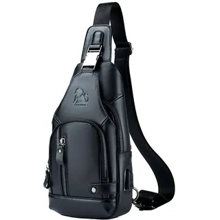 pundarika brusttasche herren leder klein sling bag,männertasche Echtes Leder crossbody umhängetasche herren,tasche schultertasch multifunktional,Verstellbarer Schultergurt-Schwarz - 2.36 x 6.3 x 12.59 inches