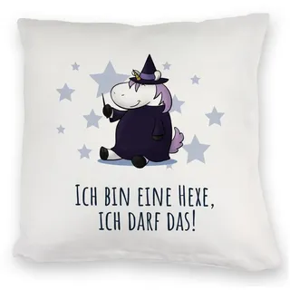 speecheese Dekokissen Einhorn-Hexe Kuschelkissen mit Spruch Ich bin eine Hexe ich darf das
