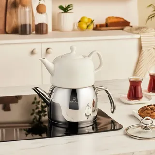 Karaca Pocelinox Caydanlik - Türkische Teekanne Induktion 2L Wasserkocher Edelstahl + 1L Porzellan Demlik mit Deckel, Türkischer Teekocher, Induktionsgeeignet, Spülmaschinengeeignet
