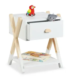 relaxdays Nachttisch für Kinder mit Schublade (1-St) braun|weiß