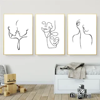 HMXQLW Abstrakter Strichzeichnung Minimalist Bilder Leinwandbilder Modern Schwarz Weiß Abstrakter Poster für Wohnzimmer Schlafzimmer Deko Kunst Malerei Kein Rahmen 3er Set (Paar Gesicht,30X40CM)