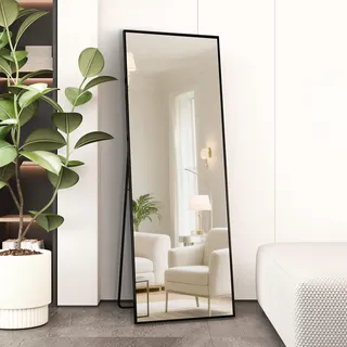 AUFHELLEN Standspiegel mit Schwarz Metallrahmen 140x40cm Ganzkörperspiegel | Rahmen aus Aluminiumlegierung, Gehärtetes Glas, Stehend Lehnend oder Hängend an der Wand für Schlafzimmer, Wohnzimmer Flur