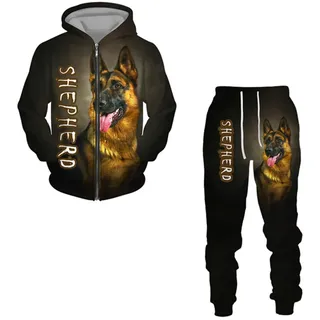 kewing Herren Trainingsanzug Set Schäferhund 3D gedruckt Reißverschluss Hoodie und Jogginghose Mode Casual 2 Stück Set Sweatshirt Anzüge - XL