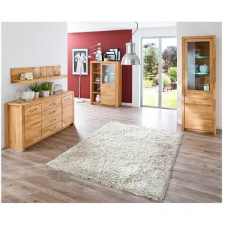Lomadox Esszimmer-Set FOSSANO-06, (Spar-Set, 4-St., Highboard Sideboard Vitrine Wandregal), in Kernbuche massiv geölt, inkl. LED-Beleuchtung braun